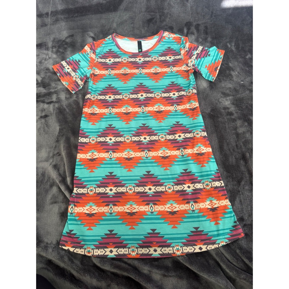 Sterling Kreek Girls L Aztec Western Dress Turquoise Orange Southwestern Dress